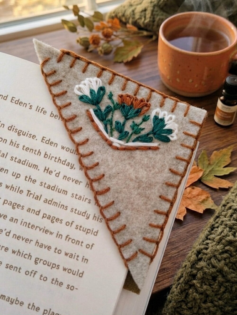Handmade Embroidered Bookmark- White & Brown Floral- Book Design